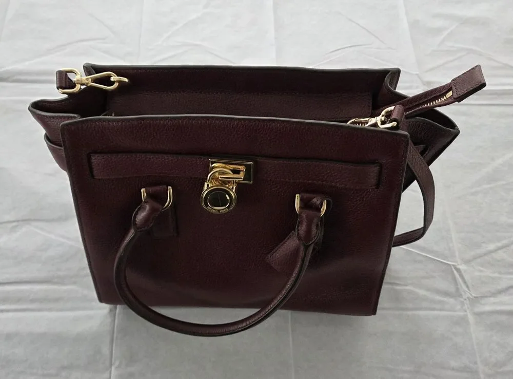 Michael Kors‎ Hamilton Lock Satchel Burgundy Leather Shoulder Crossbody Bag